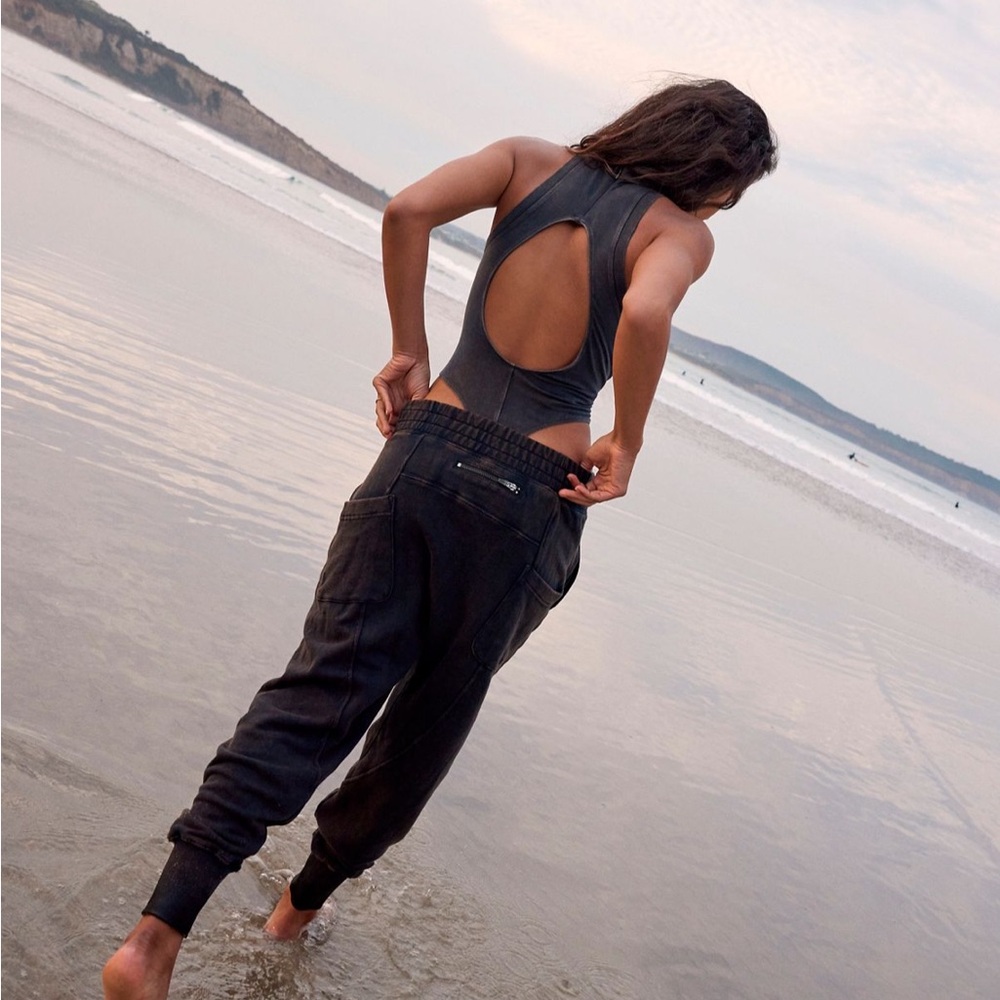 Free people grey open back high neck Game Plan body suit